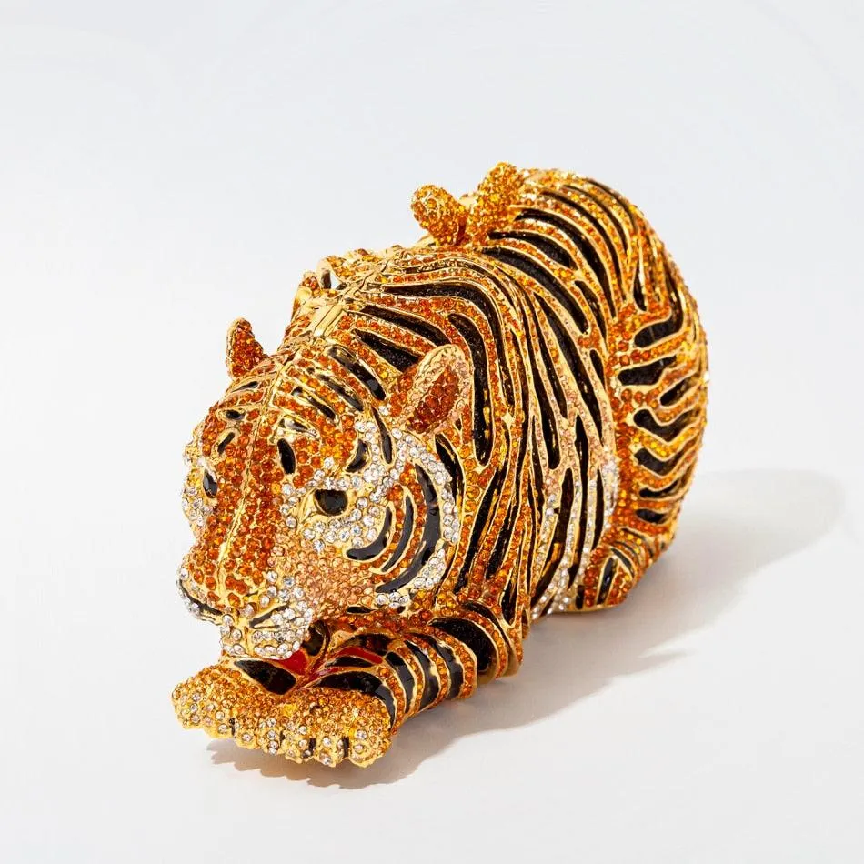 T-BOO Tiger Crystal Evening Clutch Bag: New Metal Bling Rhinestone Novelty Purse and Luxury Designer Handbag for Wedding Party