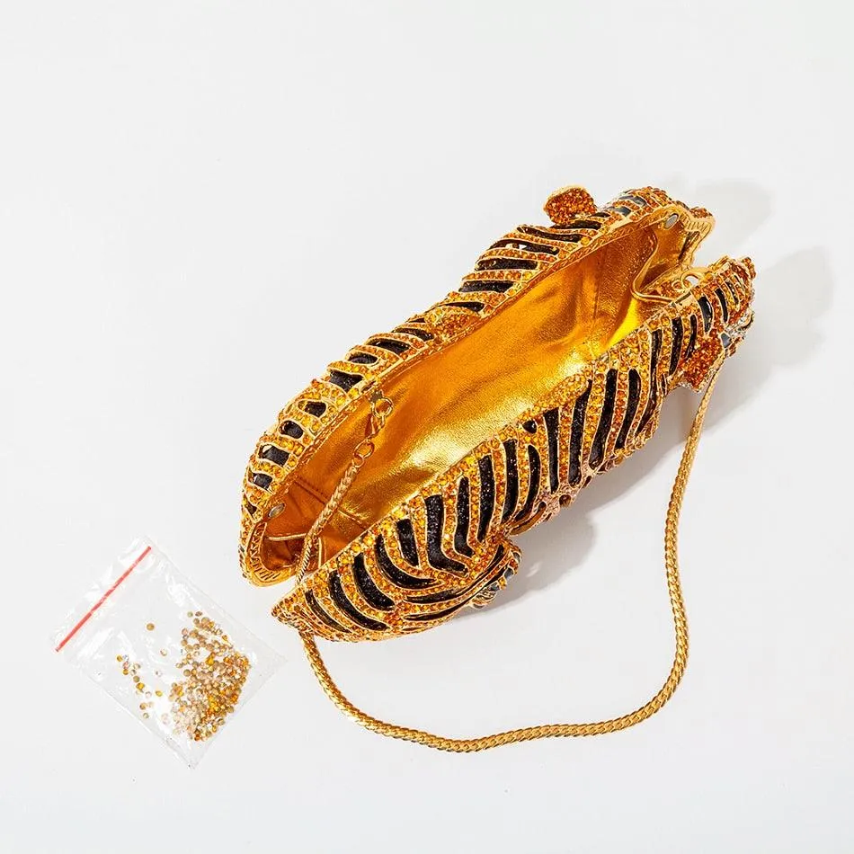 T-BOO Tiger Crystal Evening Clutch Bag: New Metal Bling Rhinestone Novelty Purse and Luxury Designer Handbag for Wedding Party