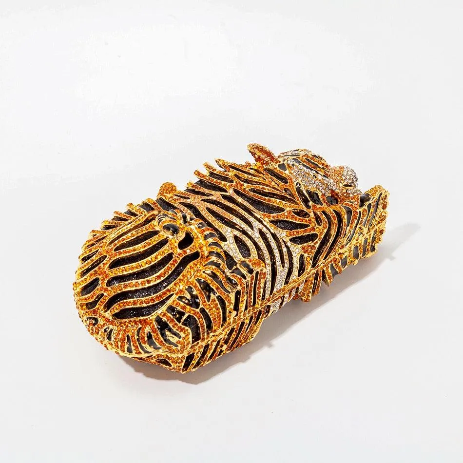 T-BOO Tiger Crystal Evening Clutch Bag: New Metal Bling Rhinestone Novelty Purse and Luxury Designer Handbag for Wedding Party