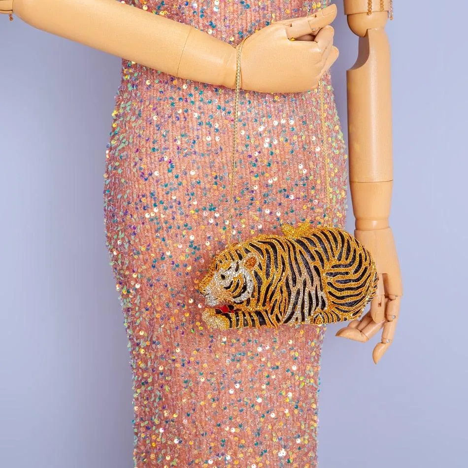 T-BOO Tiger Crystal Evening Clutch Bag: New Metal Bling Rhinestone Novelty Purse and Luxury Designer Handbag for Wedding Party