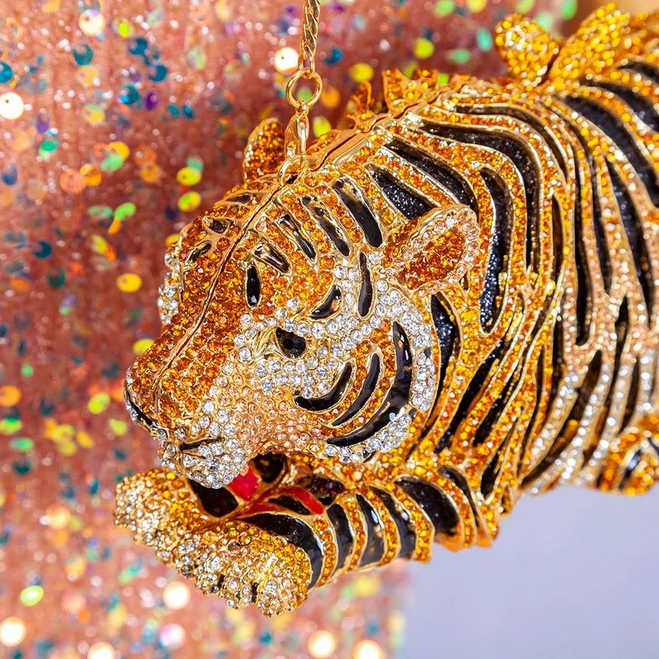 T-BOO Tiger Crystal Evening Clutch Bag: New Metal Bling Rhinestone Novelty Purse and Luxury Designer Handbag for Wedding Party
