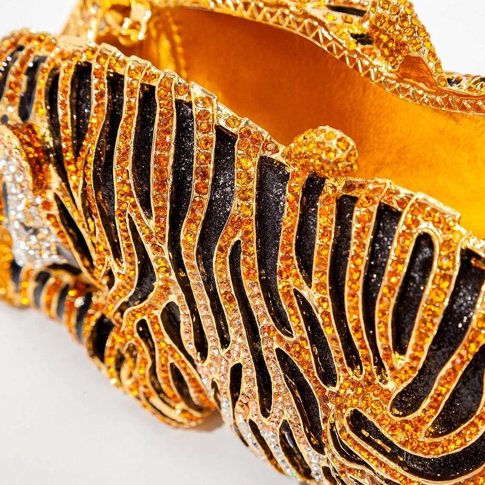 T-BOO Tiger Crystal Evening Clutch Bag: New Metal Bling Rhinestone Novelty Purse and Luxury Designer Handbag for Wedding Party