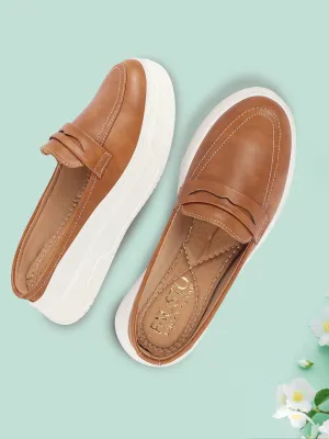 Women Camel Outdoor Fashion Stitched Design Strap Open Back Platform Heel Slip On Casual Shoes