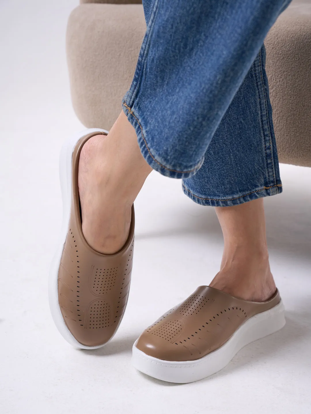 Women Cheeku Perforated Laser Cut Classic Back Open Slip On Mules Shoes|Work|Casual|Loafer Shoes|Comfort