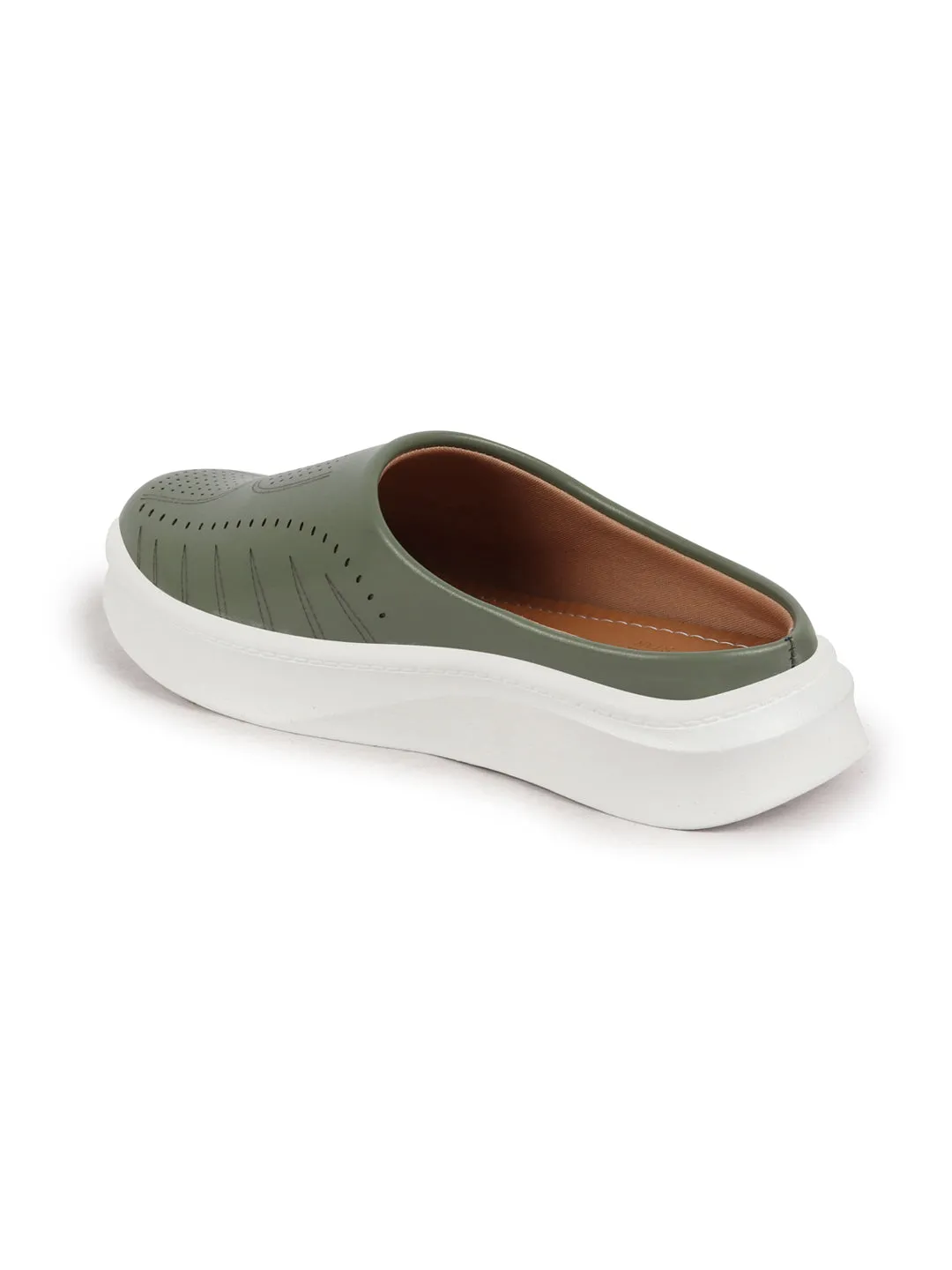 Women Olive Perforated Laser Cut Classic Back Open Slip On Mules Shoes|Work|Casual|Loafer Shoes|Comfort