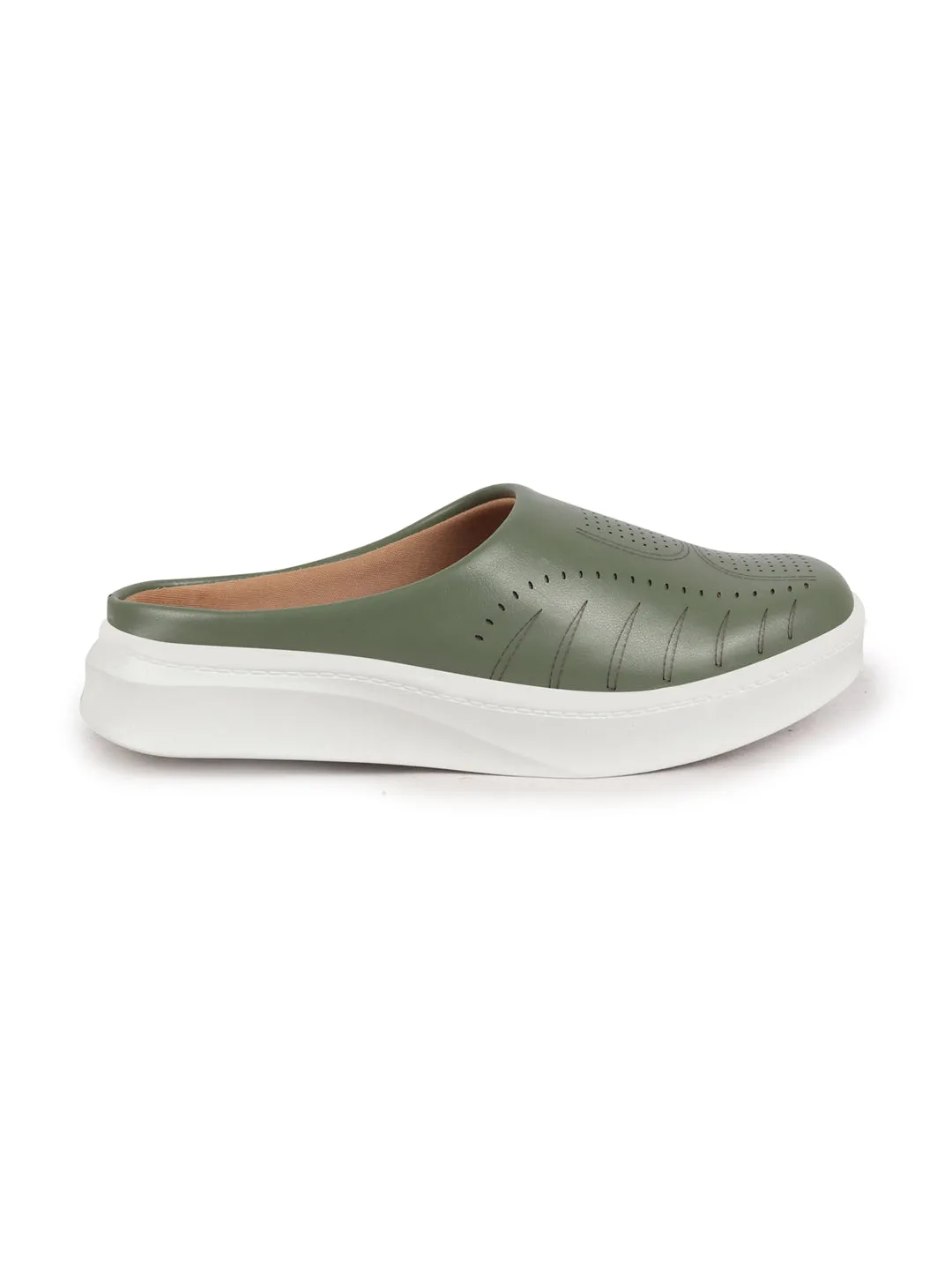 Women Olive Perforated Laser Cut Classic Back Open Slip On Mules Shoes|Work|Casual|Loafer Shoes|Comfort