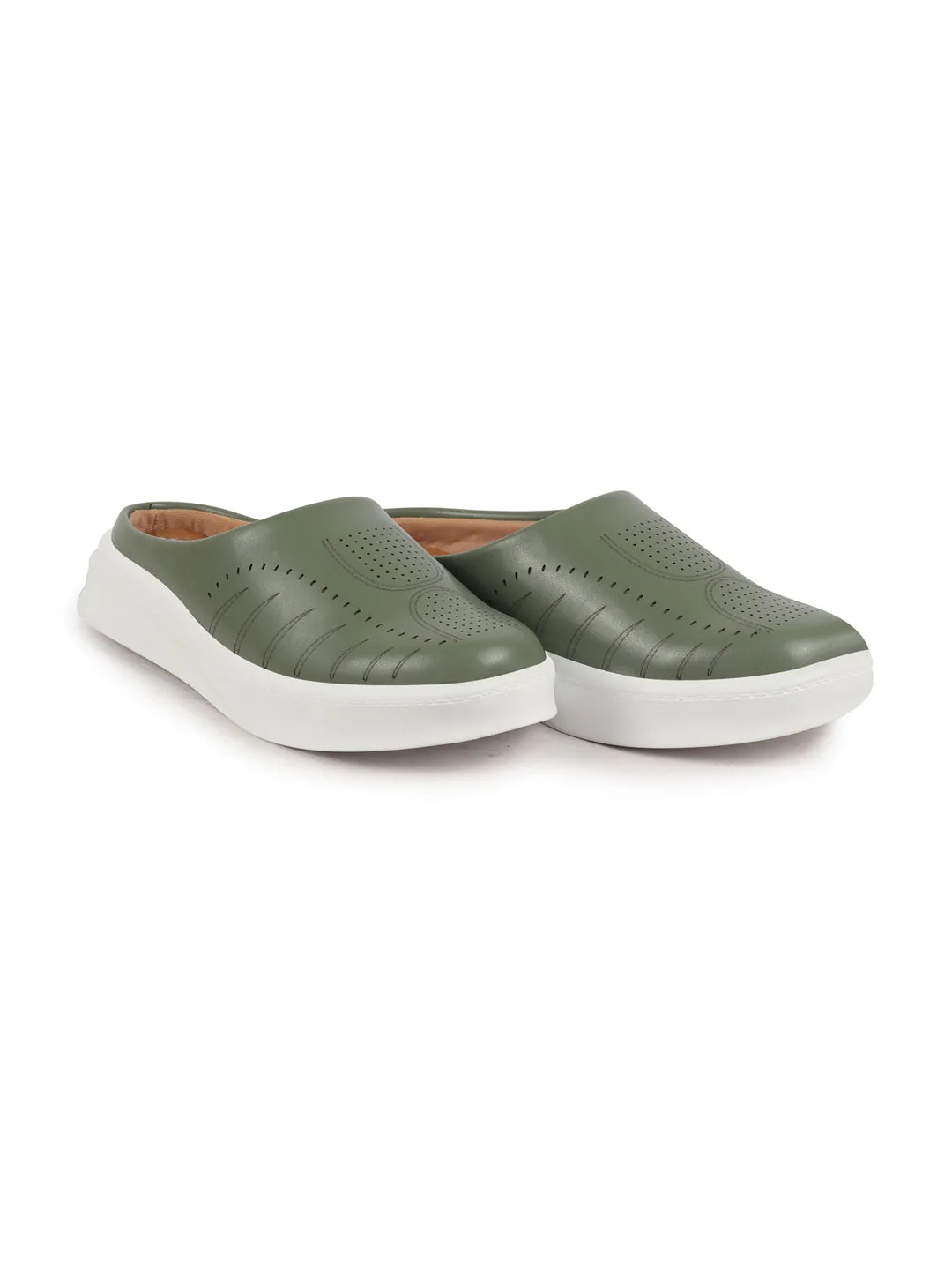 Women Olive Perforated Laser Cut Classic Back Open Slip On Mules Shoes|Work|Casual|Loafer Shoes|Comfort