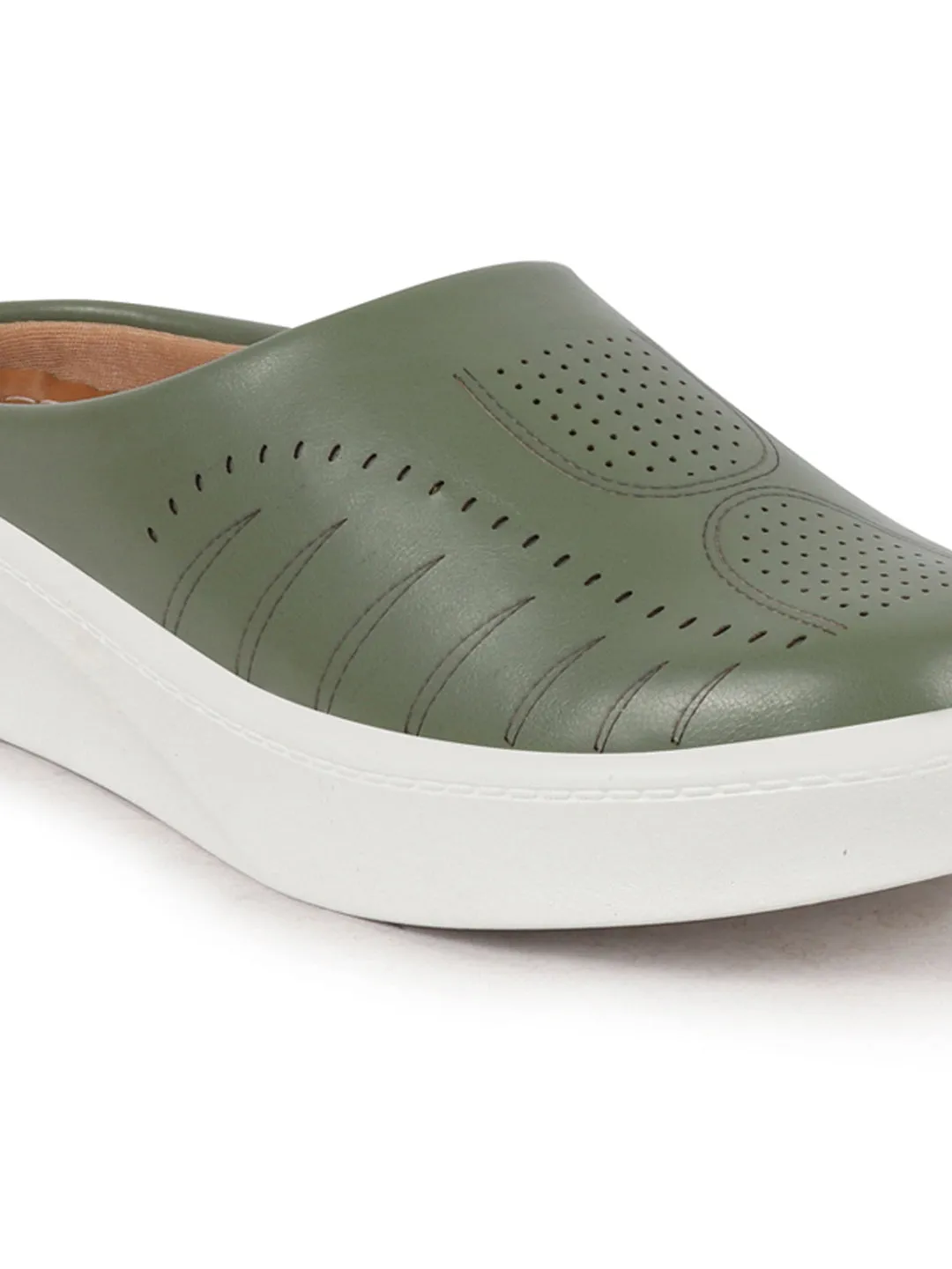 Women Olive Perforated Laser Cut Classic Back Open Slip On Mules Shoes|Work|Casual|Loafer Shoes|Comfort