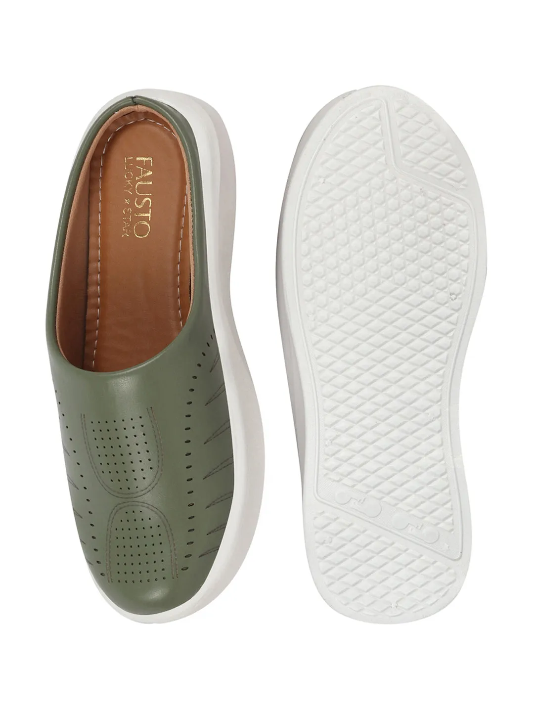 Women Olive Perforated Laser Cut Classic Back Open Slip On Mules Shoes|Work|Casual|Loafer Shoes|Comfort